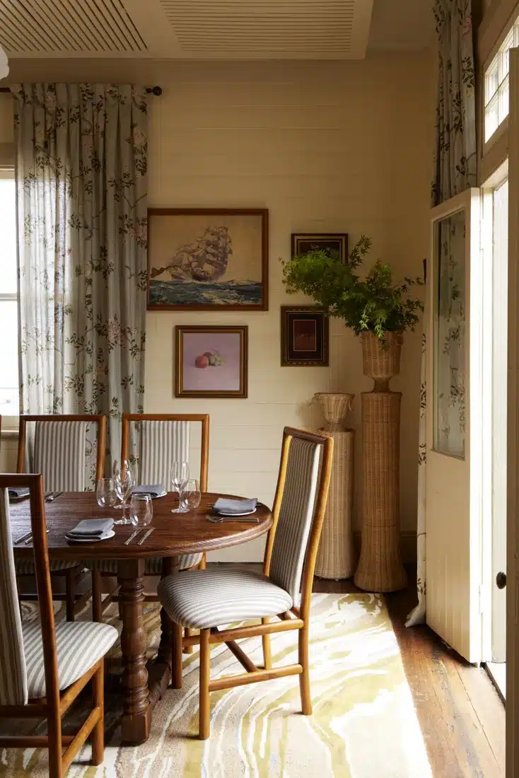 A table and timber chairs inside Ripples Chowder Bay