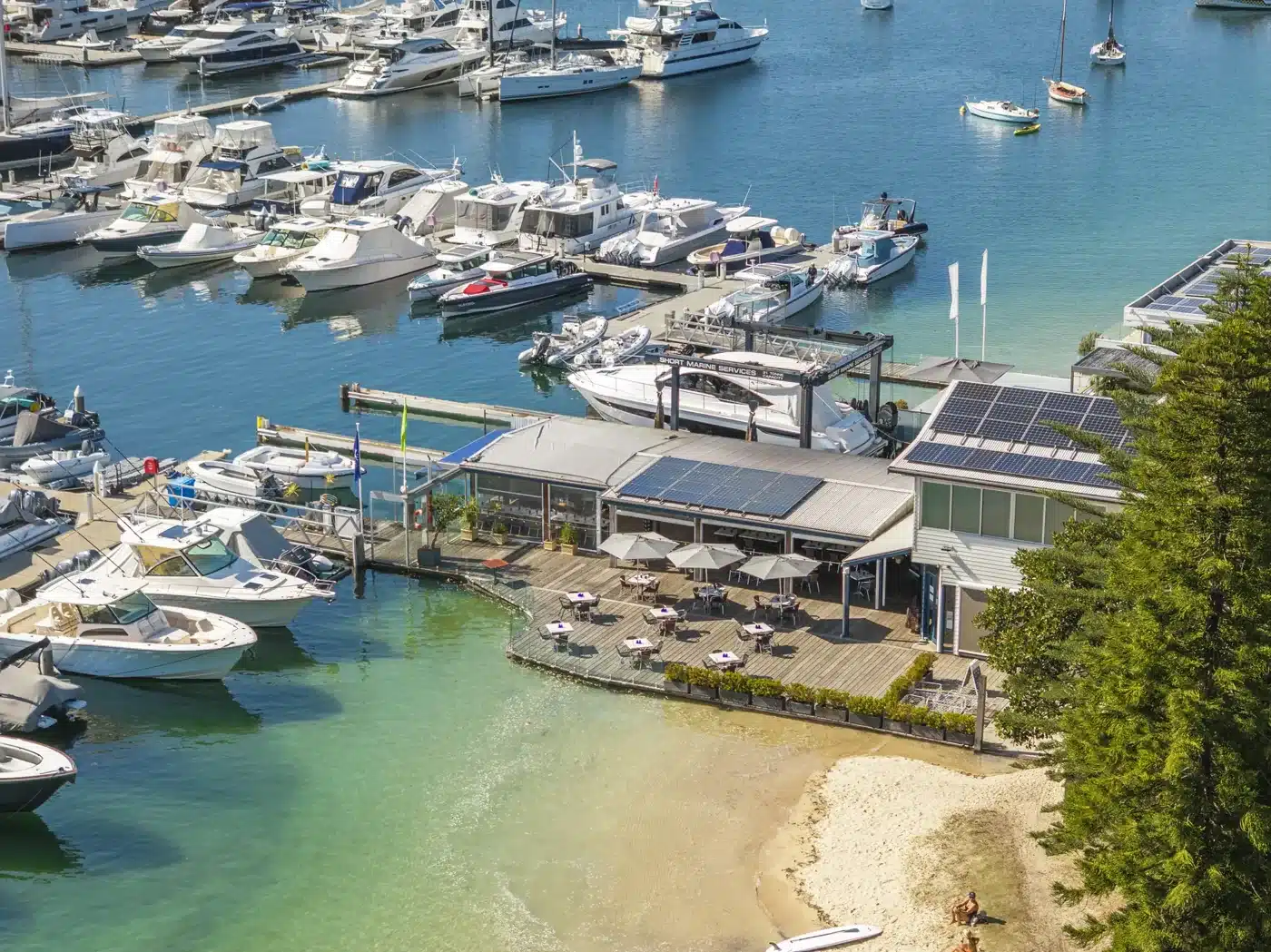 Aerial view of Azul and the berths at Ferguson’s Marina
