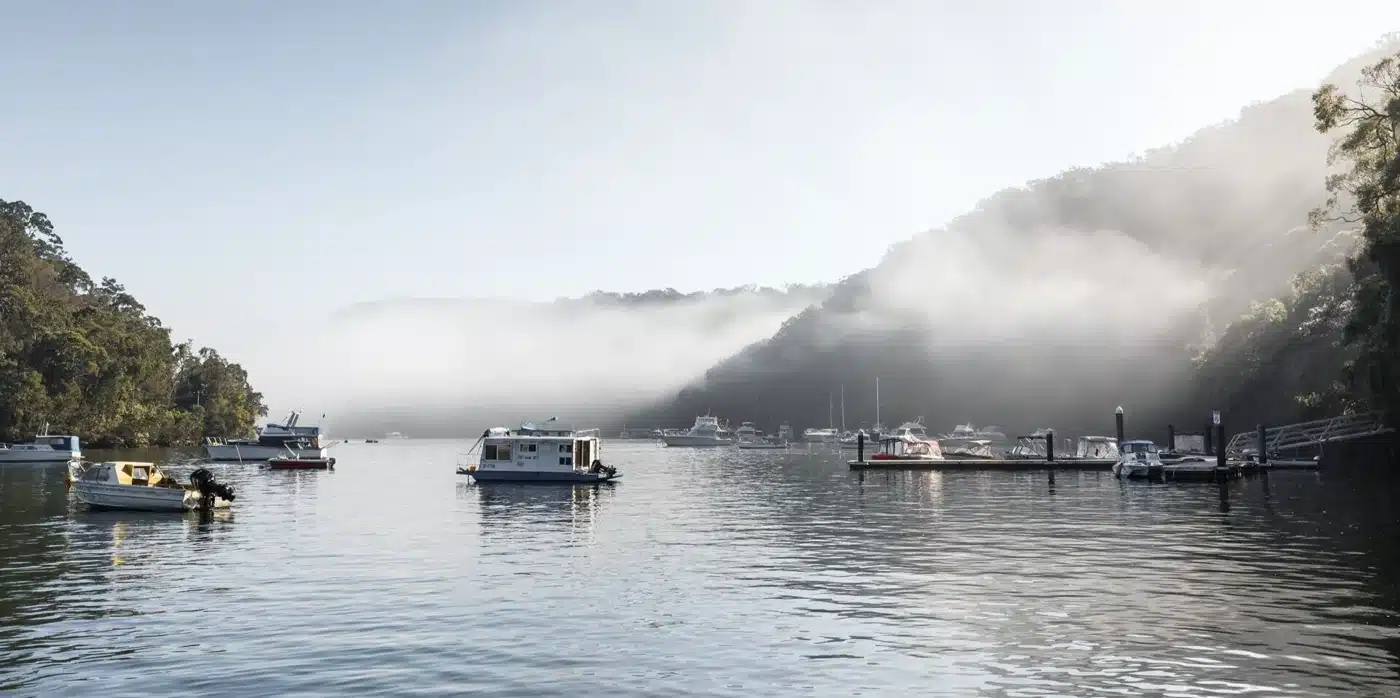 Boats and wooded riverbanks at Berowra Waters