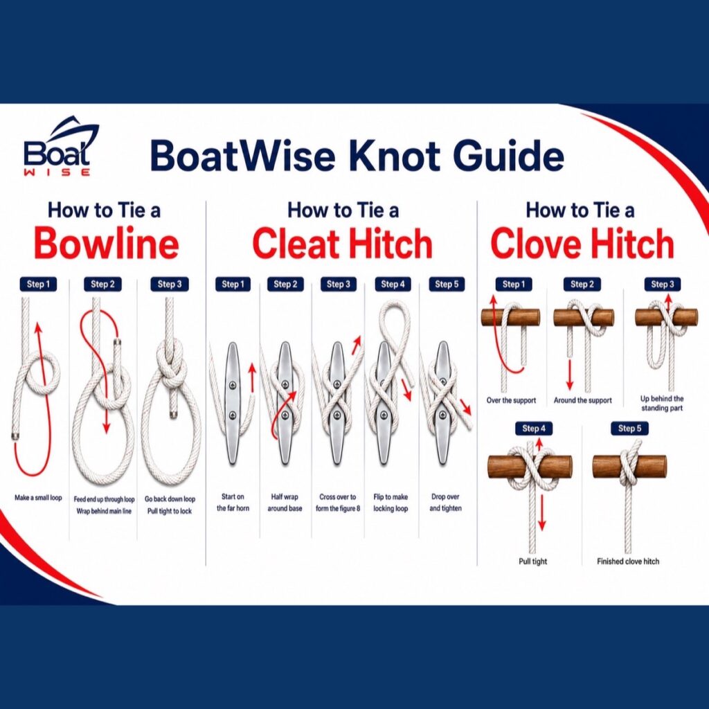 BoatWise guide showing how to tie three essential knots