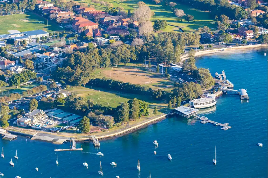 Lyne Park and the Rose Bay waterfront, viewed from above.