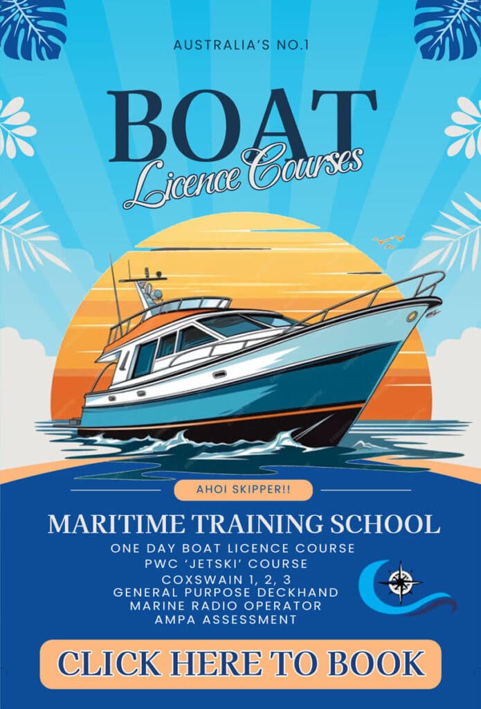 Promotional poster for MTS maritime training school offering Boat Licence Course and NSW Group Boat Licence, featuring an illustrated boat on water and a large "Click Here to Book" button.