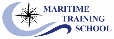 Logo for Maritime Training School featuring a stylized compass and wave design next to the school name in blue capital letters.