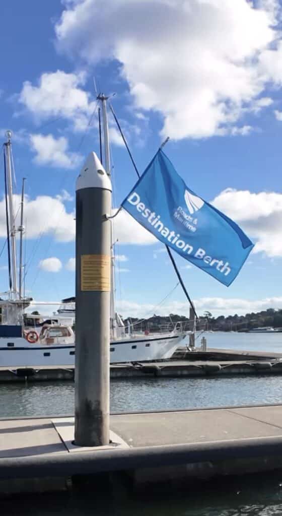 Blue Destination Berth flag marking a visitor berth at a Sydney Harbour marina