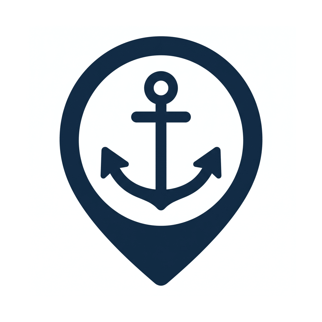 Navy map pin with anchor representing marina travel fee